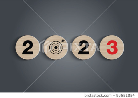 Numbers 2023 on a circular wooden block on a table. For design publications, posters, brochures, catalogues, invitations, websites. Happy New Year 2023 concept, vector illustrator. 93681884