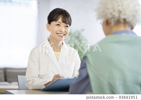 Veteran female doctor listening to senior woman 93681951