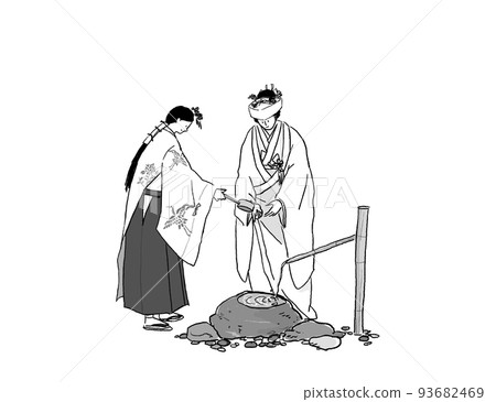 Shrine maiden pouring water on a woman's hand with a ladle, Chozunogi, Shinto ceremony, monotone 93682469