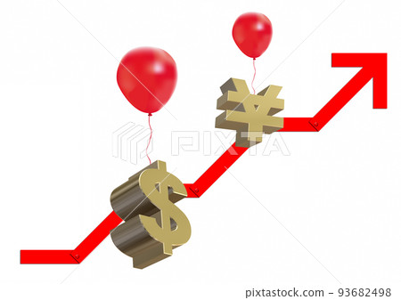 紅色氣球上懸掛的上升貨幣符號和紅色箭頭的 3d 插圖 93682498