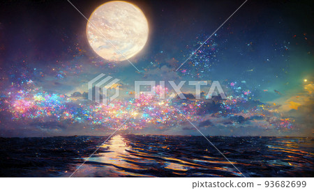 Stars shining in the night sky, moon, golden beach "AI-generated image" 93682699
