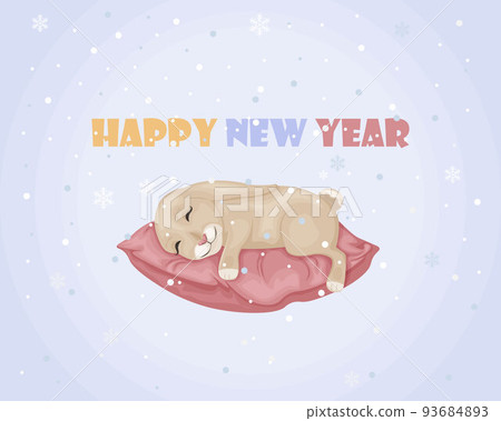 Christmas illustration. The image of a rabbit, a symbol of the new year. The rabbit lies on the inscription Happy New Year . Festive illustration. Vector 93684893