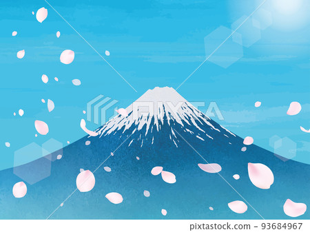 富士山和落櫻水彩畫 93684967