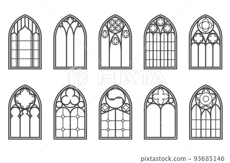 Church medieval windows set. Old gothic style architecture elements. Vector outline illustration on white background. Church medieval windows set. Old gothic style architecture elements. Vector outline illustration on white background. 93685146