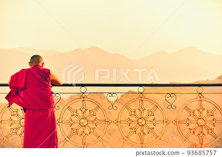 A Buddhist monk in Leh, the center of the Ladakh region, the northernmost unexplored region of India 93685757