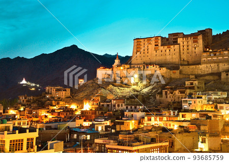 Night view of Leh, the center of the Ladakh region, the northernmost unexplored region of India 93685759