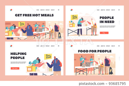 Poor People Get Free Hot Meals Landing Page Template Set. Volunteers Distribute Food at Shelter Helping Bums, Refugees 93685795