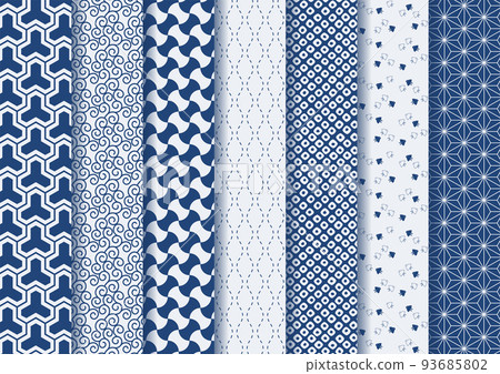 Japanese pattern set illustration dark blue: Bishamon tortoiseshell arabesque weight connection Tachiwaki Kanoko plover hemp leaf 93685802