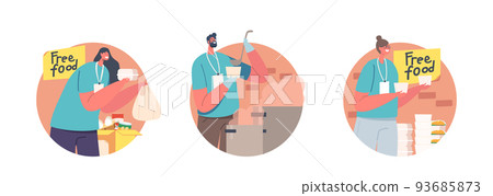 Volunteers Serving Food to Homeless People Isolated Round Icons. Young Man and Woman Pouring Warm Food to Beggars Volunteers Serving Food to Homeless People Isolated Round Icons. Young Man and Woman Pouring Warm Food to Beggars 93685873