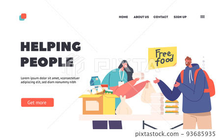 Volunteer Helping People Landing Page Template. Food to Homeless or Refugee. Young Woman Giving Free Food to Beggar Man Volunteer Helping People Landing Page Template. Food to Homeless or Refugee. Young Woman Giving Free Food to Beggar Man 93685935
