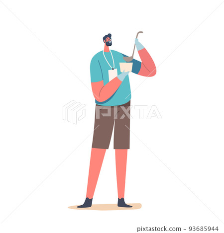 Volunteer Serving Food to Homeless People Isolated on White Background. Young Man with Charity Badge Holding Ladle 93685944