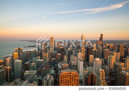 Aerial view of Chicago downtown skyline at sunset Aerial view of Chicago downtown skyline at sunset 93686009
