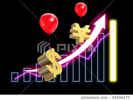 紅色氣球上懸掛的上升貨幣符號和圖表的 3d 插圖 93686475