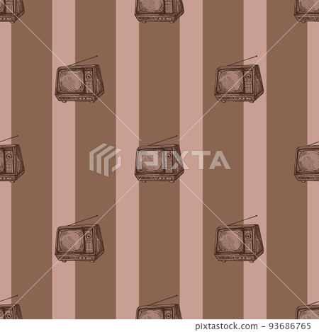 Retro TV engraved seamless pattern. Vintage television with antenna in hand drawn style. 93686765