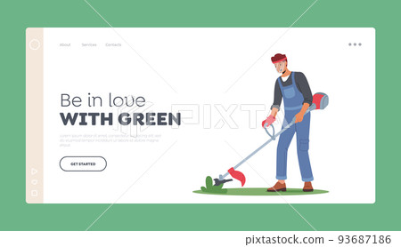 Man Mow Lawn in Garden or Park Landing Page Template. Gardener or Worker Character Use Grass Trimmer for Landscaping 93687186