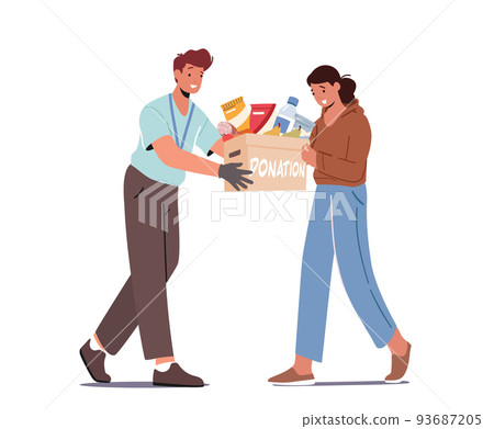 Social Help to People in Need, Donation, Material Assistance Concept. Volunteer Character Give Humanitarian Aid Help Box Social Help to People in Need, Donation, Material Assistance Concept. Volunteer Character Give Humanitarian Aid Help Box 93687205