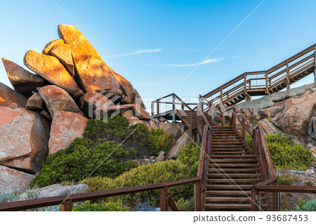 Tourists walking trail on Granite Island at sunset Tourists walking trail on Granite Island at sunset 93687453