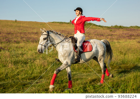 The horsewoman on a red horse. Horse riding. Horse racing. Rider on a horse. 93688224