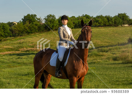 Young woman riding a horse on the green field Young woman riding a horse on the green field 93688389