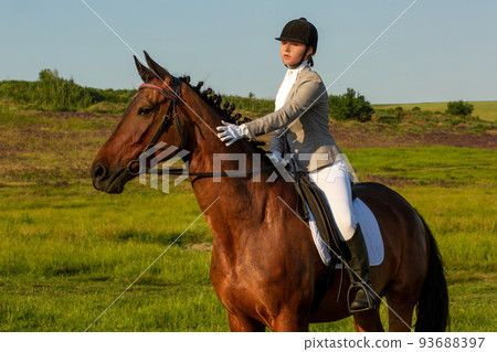 Young woman riding a horse on the green field Young woman riding a horse on the green field 93688397