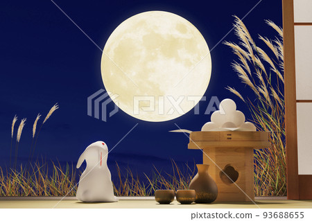 A white rabbit looking up at the moon on a full moon night / concept image of full moon, mid-autumn moon, moon viewing A white rabbit looking up at the moon on a full moon night / concept image of full moon, mid-autumn moon, moon viewing 93688655