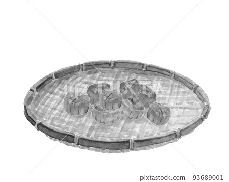 Illustration of a sumi-e-style monotone of dried scallops in a colander drawn by watercolor White background Transparent background 93689001