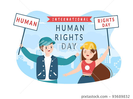Human Rights Day Template Hand Drawn Flat Cartoon Illustration with Hands Raised Breaking Chains or Holding Hand Design 93689832