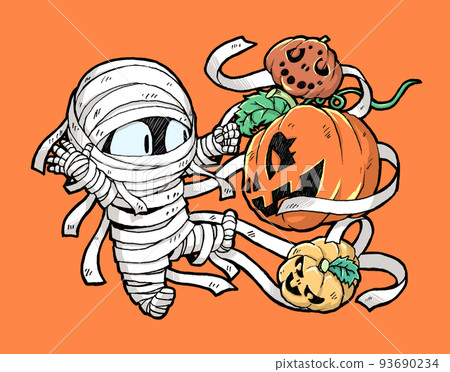 一個木乃伊人和三個南瓜的萬聖節彩色插圖 93690234