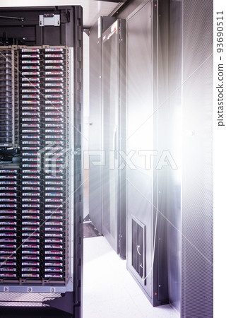 Row of hard disks used for data storage in internet data center 93690511