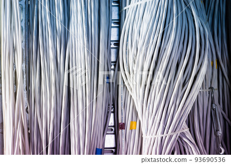 detail of large number of ethernet cables tied together connecting racks inside server room 93690536