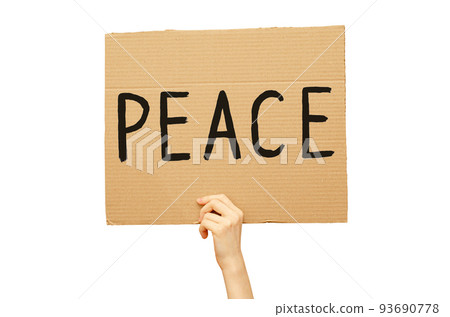 Poster against the war made of cardboard in hand. International day of Peace. Isolated on a white background Poster against the war made of cardboard in hand. International day of Peace. Isolated on a white background 93690778