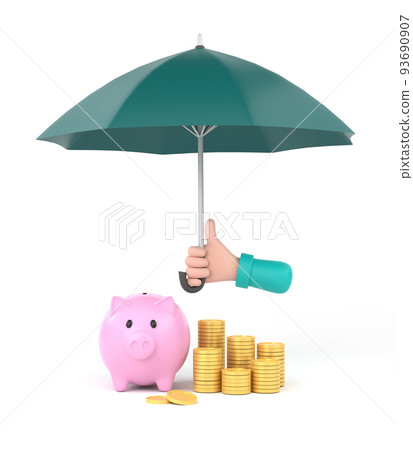 Cartoon hand holding green umbrella to protect money. illustration for savings concept. 93690907