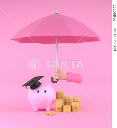 Cartoon hand holding pink umbrella to protect piggy bank and money. education plan concept. Cartoon hand holding pink umbrella to protect piggy bank and money. education plan concept. 93690921