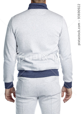 Male model of athletic build in a gray cotton sports blouse, with long sleeves isolated on a white background. Rear view. Casual sporty style. Male model of athletic build in a gray cotton sports blouse, with long sleeves isolated on a white background. Rear view. Casual sporty style. 93690922