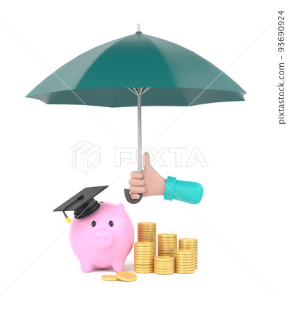 Cartoon hand holding green umbrella to protect piggy bank and money. education plan concept. Cartoon hand holding green umbrella to protect piggy bank and money. education plan concept. 93690924