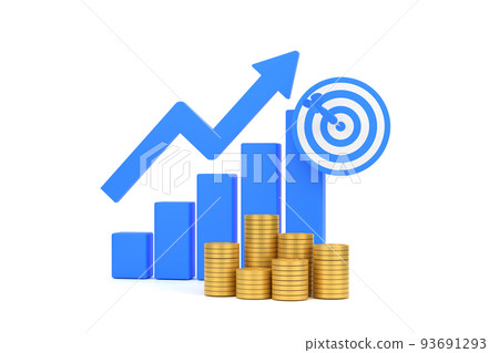blue rising arrow, profit bar graph and shield with multiple arrangements of coins. 93691293