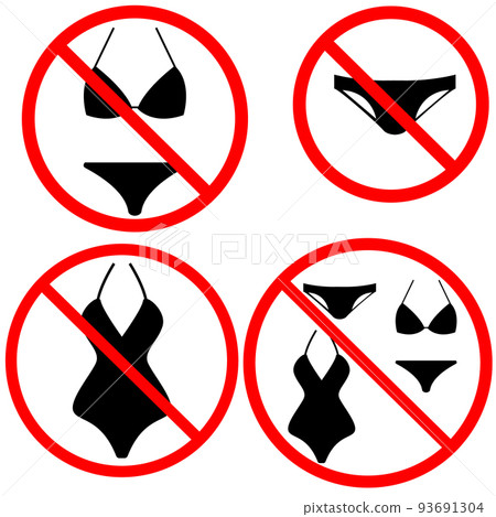 No swim wear icon on white background. Nude Beach Summer Set. Forbidden sign with bikini sign. flat style. No swim wear icon on white background. Nude Beach Summer Set. Forbidden sign with bikini sign. flat style. 93691304