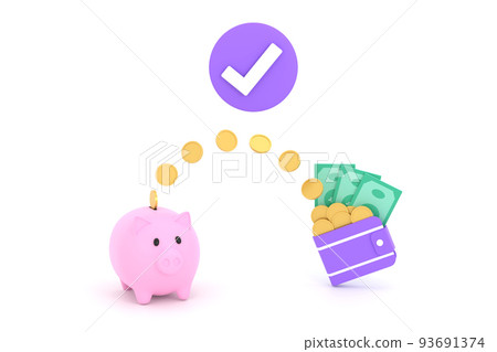 Coins and banknotes and piggy banks. saving concept and spending money 93691374