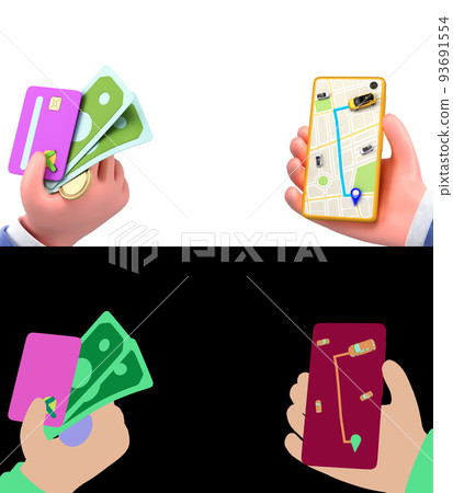 payment options for taxi services online internet service transportation concept navigation pin pointer with  yellow taxi on phone screen 3d render illustration  on white with alpha 93691554