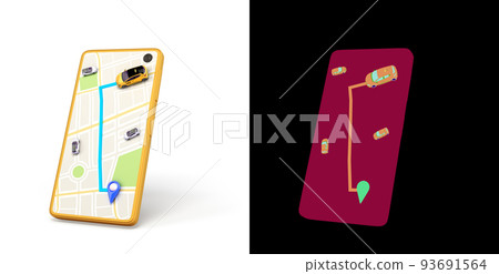 Ordering a taxi cab online internet service transportation concept navigation pin pointer with  yellow taxi on phone screen 3d render illustration on white with alpha 93691564