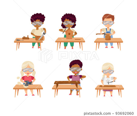 Little Kids in Protective Goggles Standing at Table Woodworking with Timber Plank Vector Set Little Kids in Protective Goggles Standing at Table Woodworking with Timber Plank Vector Set 93692060