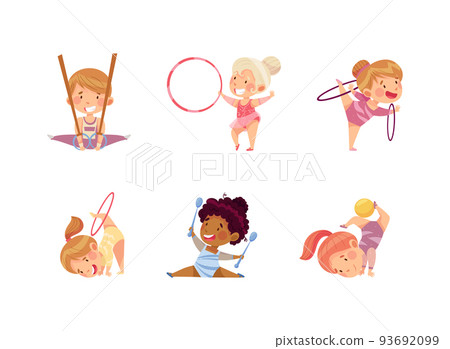 Little Kids Doing Artistic Gymnastics with Still Rings and Hula Hoop Vector Set Little Kids Doing Artistic Gymnastics with Still Rings and Hula Hoop Vector Set 93692099
