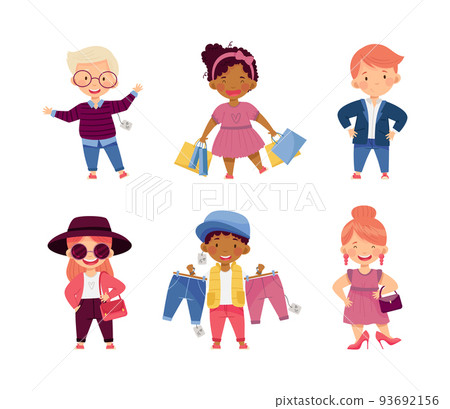 Fashionable Boy and Girl in Pretty Dress Shopping Trying New Clothing Vector Set Fashionable Boy and Girl in Pretty Dress Shopping Trying New Clothing Vector Set 93692156