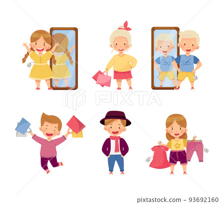Fashionable Boy and Girl in Pretty Dress Shopping Trying New Clothing Vector Set Fashionable Boy and Girl in Pretty Dress Shopping Trying New Clothing Vector Set 93692160