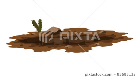 Hole ground. Entrance underground, big crack or ruin. Dirty, dark entrance, detailed drawing in cartoon style. Ground hole, deep pit with grass and stones. Cartoon den of wild animal 93693132