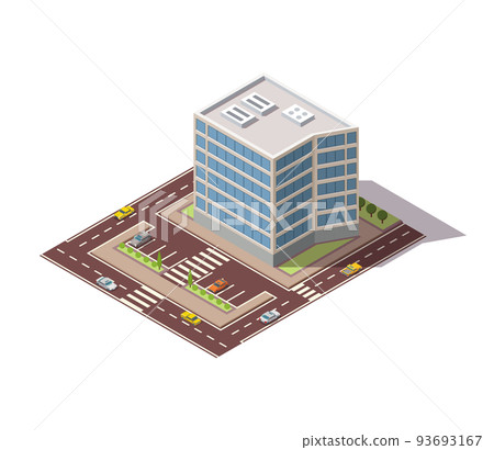 Offices isometric. Architecture building facade of business center. Infographic element. Architectural vector 3d illustration. City house composition with roads 93693167