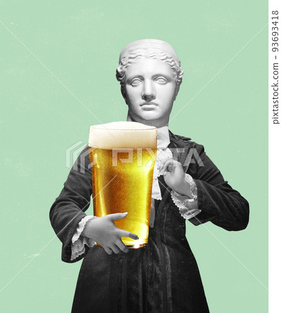 Time for beer. Contemporary art collage with antic statue holding beer glass with lager cold foamy beer. Concept of taste and holidays, drinks, oktoberfest 93693418
