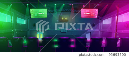 Cartoon basketball court with game score on screen 93693500