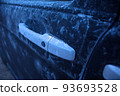 Frozen car door in freezing winter 93693528