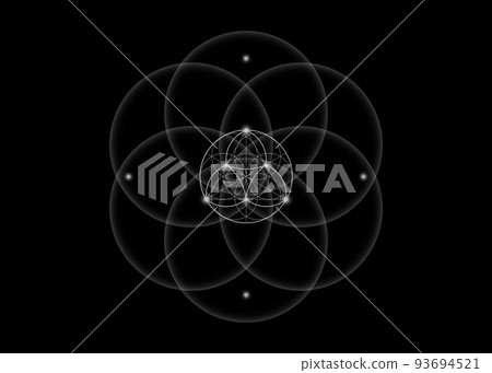 Sacred Geometry, Flower of Life, lotus flower mandala. White Neon vintage logo Symbol of Harmony and Balance, Glowing Geometrical Ornament, yoga relax, vector isolated on black background 93694521